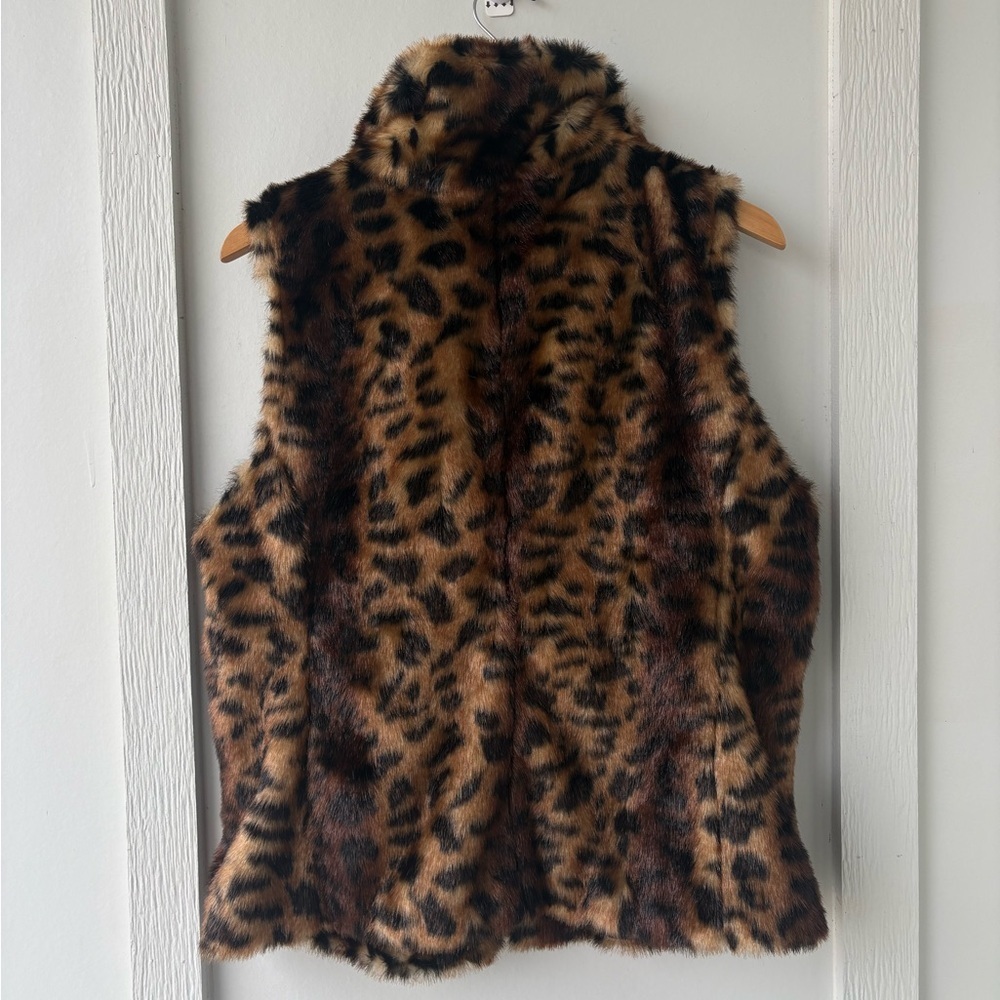 Calvin Klein Leopard Print Faux Fur Vest Zip Front Pockets Women’s Large - Picture 4 of 5